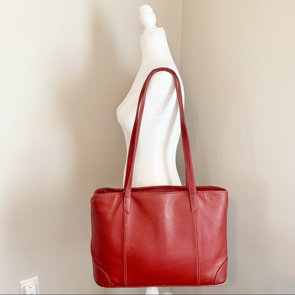 Piel Double Compartment Shoulder Bag Purse Red Leather Travel Carry On Tote Bag